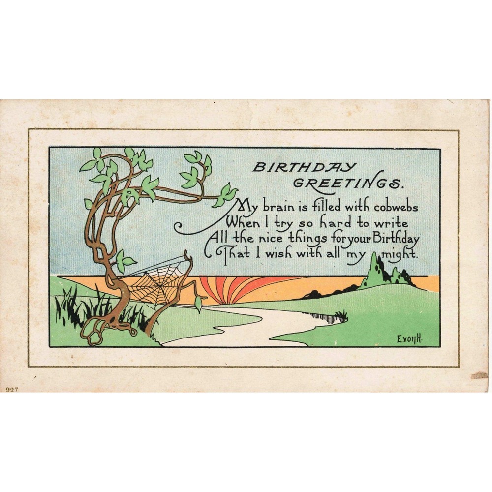 Vintage Birthday Greetings Postcard E Von H Spiderweb Poem Landscape USA 927
